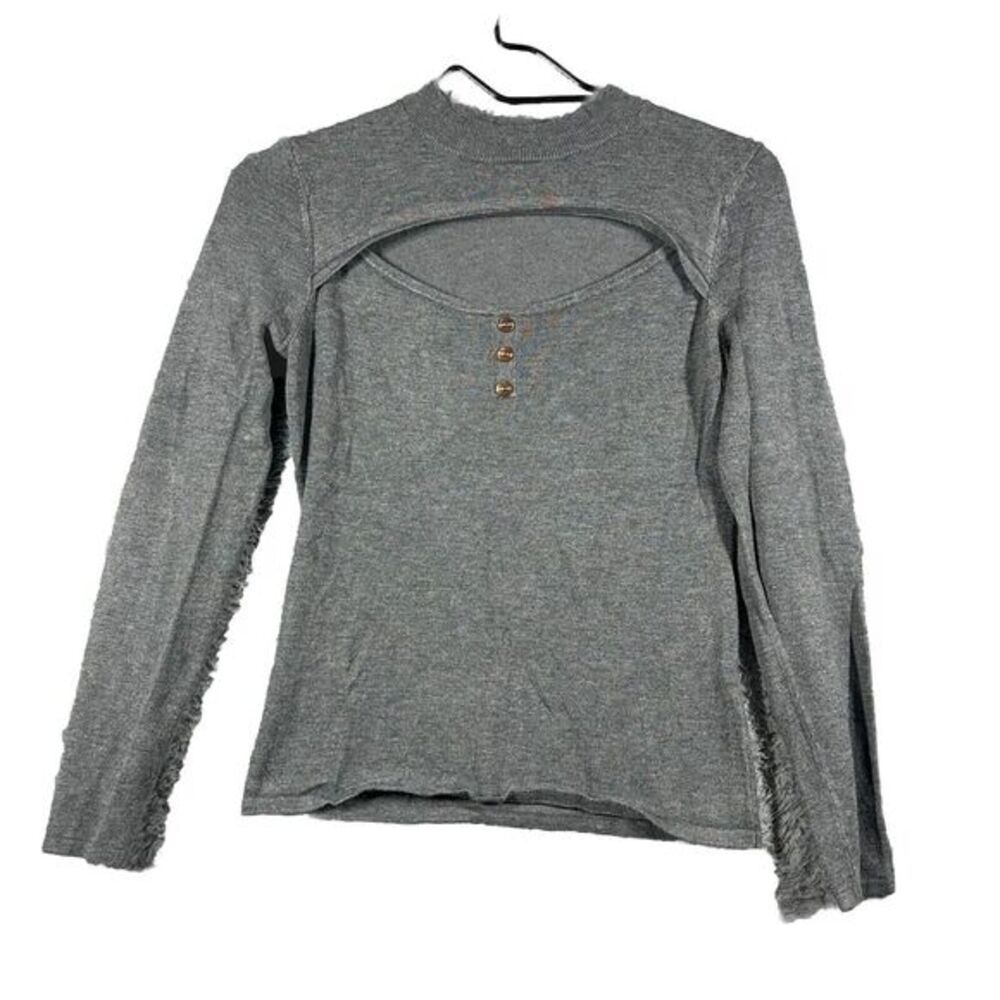 Guess Women Pullover Sweatshirt Silver Open Chest ‎ Long Sleeve Crew Neck Gray M